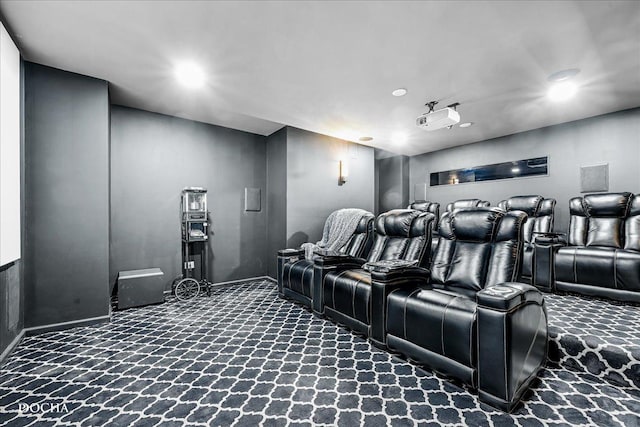 home theater room with recessed lighting and carpet