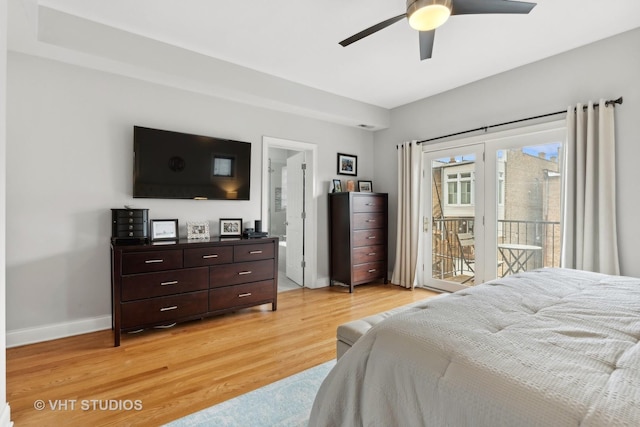 bedroom with baseboards, light wood finished floors, ceiling fan, and access to outside