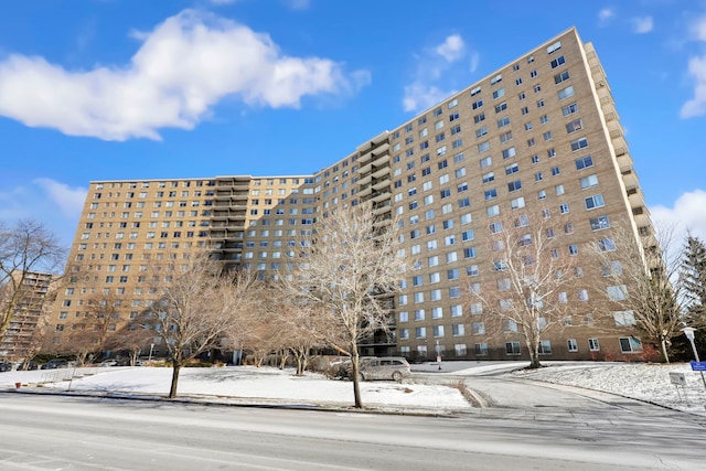 view of snow covered building