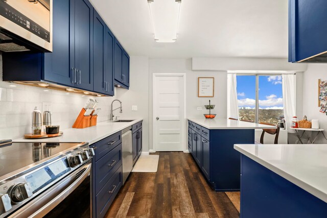 kitchen featuring a sink, light countertops, dark wood-type flooring, appliances with stainless steel finishes, and blue cabinets