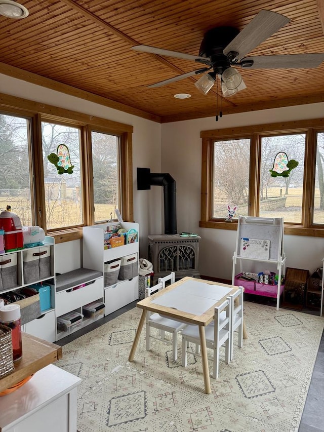 sunroom / solarium featuring wooden ceiling, a wood stove, and a ceiling fan