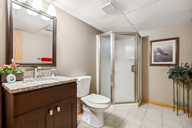 full bathroom with tile patterned floors, visible vents, toilet, a stall shower, and vanity