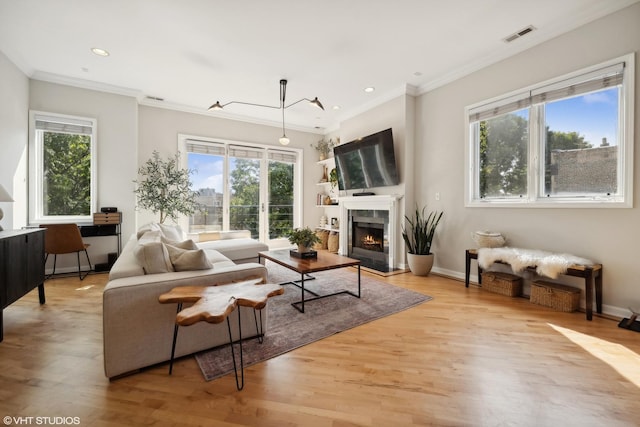 living area featuring light wood-type flooring, plenty of natural light, a lit fireplace, and ornamental molding