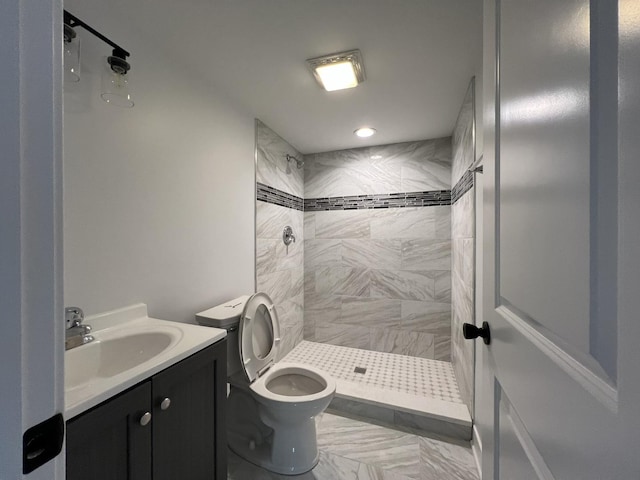 full bathroom featuring a shower stall, vanity, and toilet