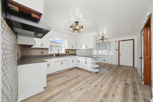 kitchen with light wood-style flooring, under cabinet range hood, open shelves, a sink, and dark countertops