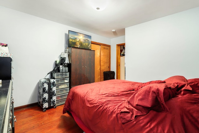 bedroom with wood finished floors, baseboards, and a closet