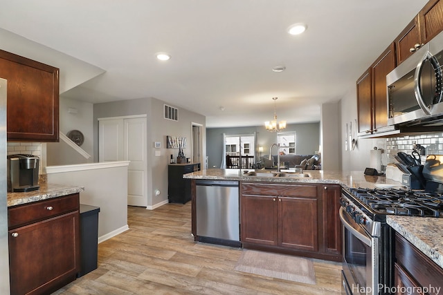 kitchen featuring visible vents, a peninsula, a sink, stainless steel appliances, and light wood-type flooring