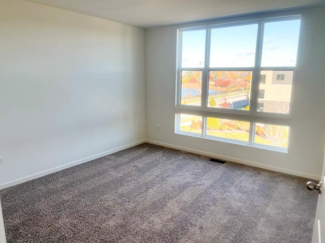 carpeted spare room with visible vents and baseboards