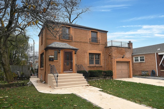 traditional home featuring brick siding, a garage, concrete driveway, and a balcony