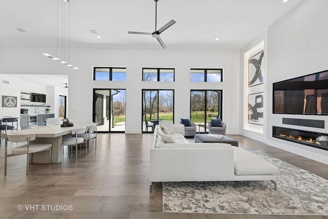 living room with a ceiling fan, wood finished floors, a towering ceiling, and a glass covered fireplace