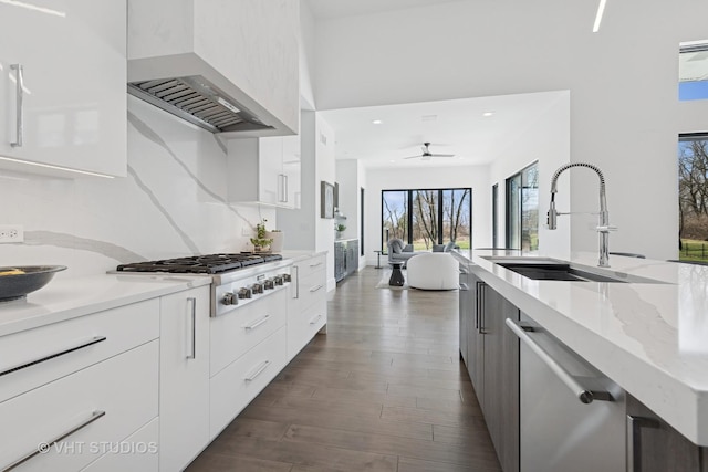 kitchen featuring wall chimney exhaust hood, modern cabinets, white cabinets, appliances with stainless steel finishes, and a sink