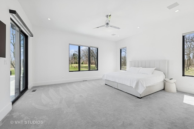 bedroom featuring access to outside, multiple windows, and carpet floors