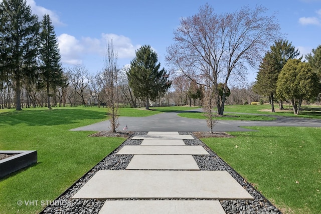 view of property's community with a lawn