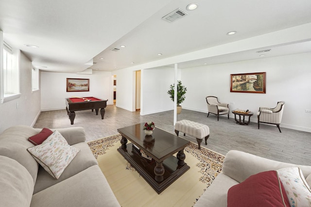 living area with pool table, recessed lighting, visible vents, and baseboards