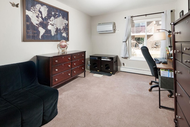 office area featuring baseboard heating, carpet flooring, and a wall mounted AC