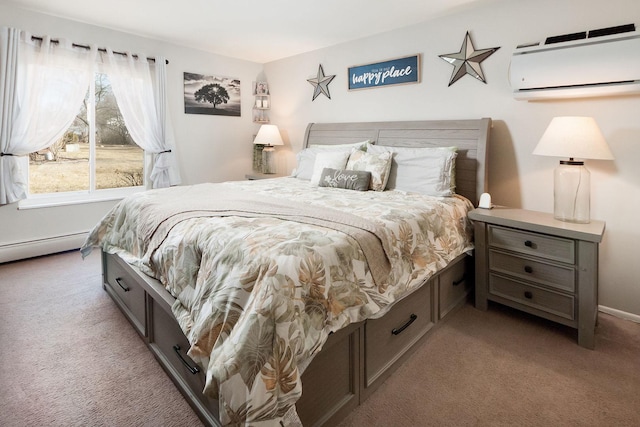 bedroom featuring baseboards, a baseboard radiator, carpet floors, and an AC wall unit