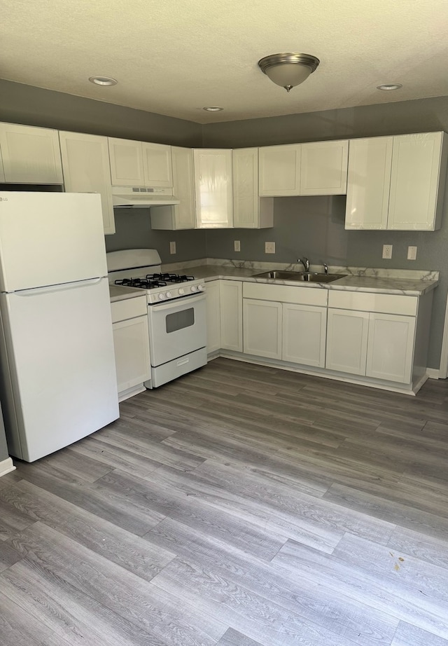 1312 N Hickory St, Champaign, IL 61820 - kitchen with white appliances, under cabinet range hood, dark wood-style flooring, white cabinets, and recessed lighting
