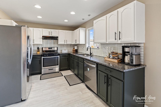 kitchen with under cabinet range hood, white cabinetry, stainless steel appliances, and a sink