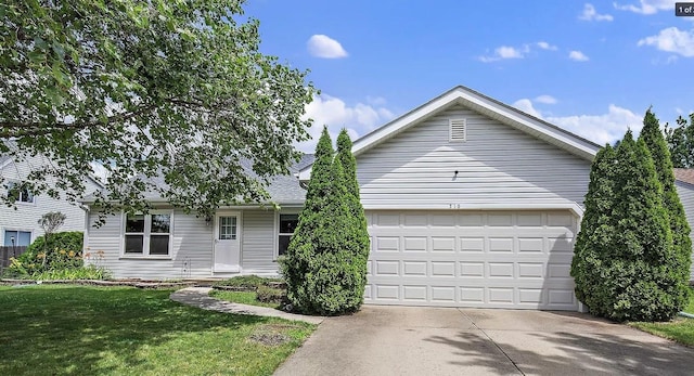 ranch-style house featuring concrete driveway, an attached garage, a front yard, and roof with shingles