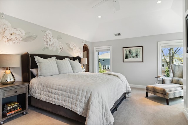 carpeted bedroom with visible vents, recessed lighting, baseboards, and lofted ceiling