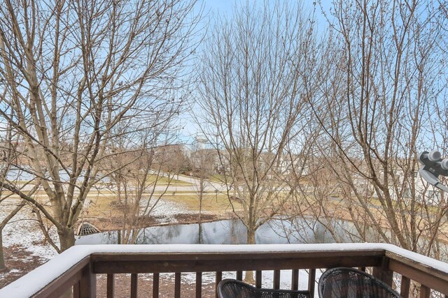 deck featuring a water view