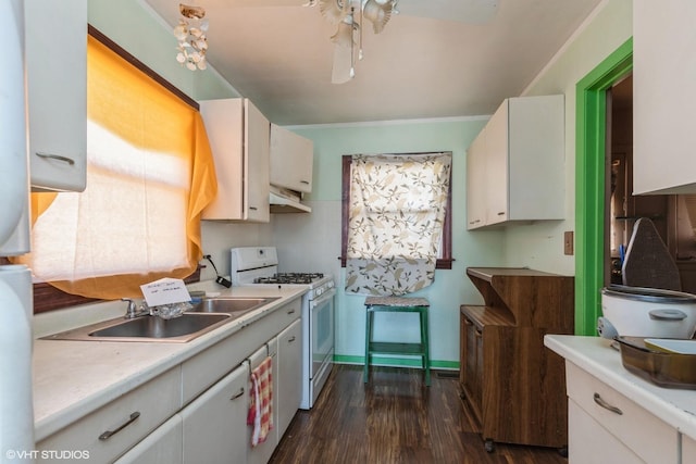 kitchen featuring under cabinet range hood, dark wood-style floors, white gas stove, and light countertops