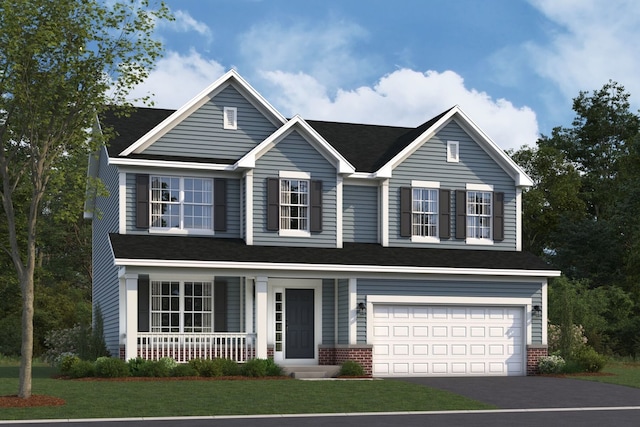 traditional-style house featuring brick siding, aphalt driveway, a front yard, covered porch, and an attached garage