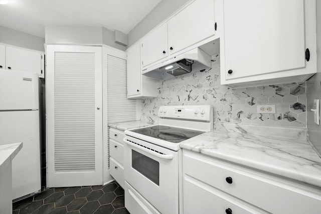 kitchen featuring under cabinet range hood, white appliances, backsplash, and white cabinets