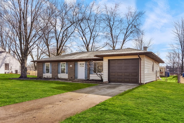 ranch-style home featuring a front yard, an attached garage, fence, and a chimney