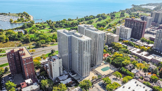 drone / aerial view with a water view and a view of city