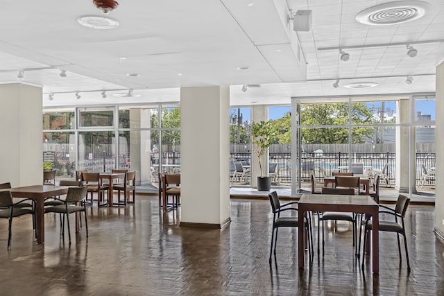 dining area with a wealth of natural light, rail lighting, and floor to ceiling windows