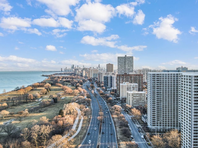 aerial view featuring a city view and a water view