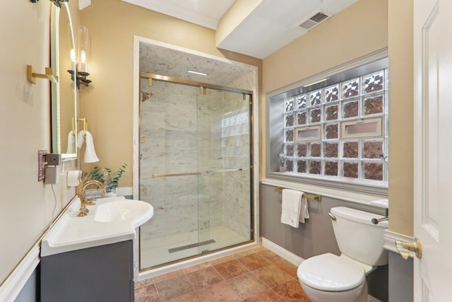 full bathroom with visible vents, baseboards, toilet, a stall shower, and vanity