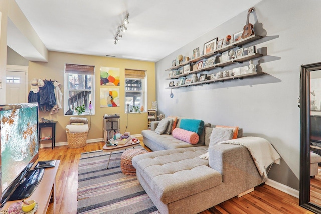 living area featuring rail lighting, baseboards, and wood finished floors