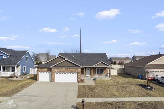 ranch-style home featuring a porch, a garage, brick siding, and driveway