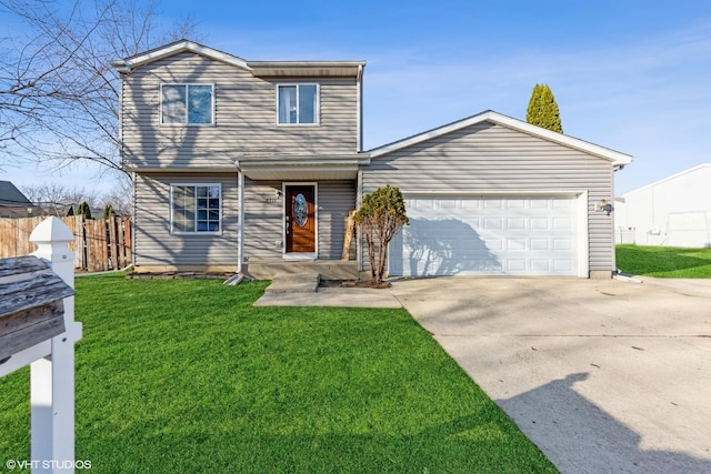 view of front facade featuring concrete driveway, a garage, fence, and a front yard