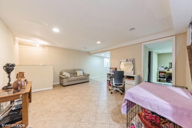 bedroom with light tile patterned floors, recessed lighting, and baseboards