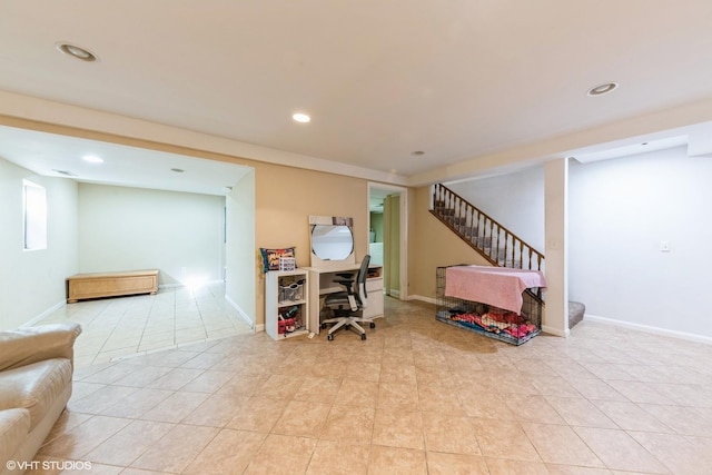 playroom with light tile patterned floors, recessed lighting, and baseboards