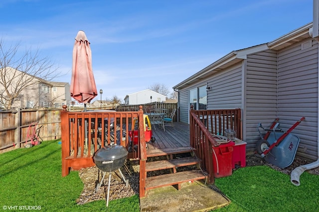 wooden terrace featuring a fenced backyard and a lawn