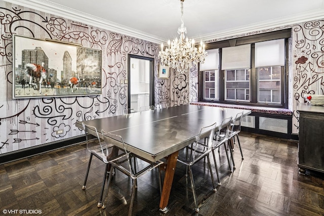 dining room with wallpapered walls, a notable chandelier, baseboards, and ornamental molding