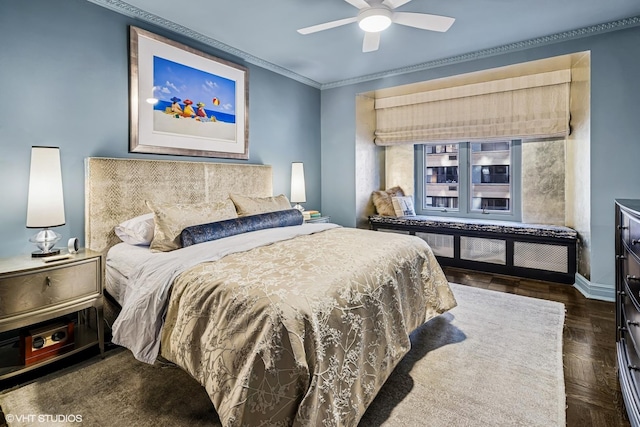 bedroom featuring baseboards, a ceiling fan, ornamental molding, and dark wood finished floors