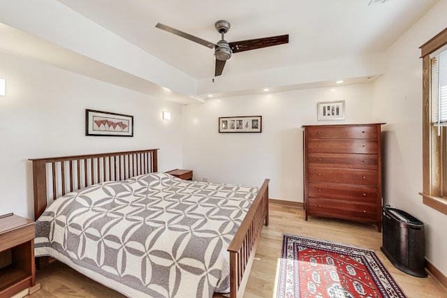 bedroom with recessed lighting, baseboards, light wood finished floors, and ceiling fan