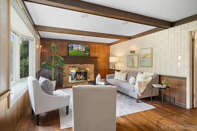 1408 N W St, Naperville, IL 60563 - living area with beamed ceiling, wooden walls, a fireplace, and wood-type flooring