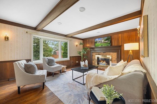 1408 N W St, Naperville, IL 60563 - living room featuring wooden walls, wood-type flooring, a wainscoted wall, and beam ceiling