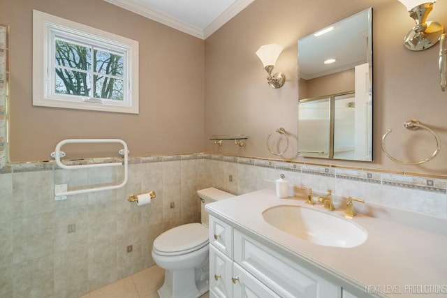 1408 N W St, Naperville, IL 60563 - bathroom with a stall shower, tile walls, toilet, ornamental molding, and tile patterned floors