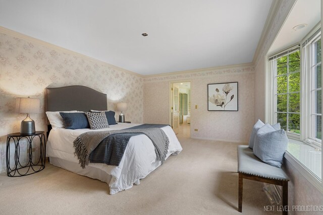 1408 N W St, Naperville, IL 60563 - carpeted bedroom featuring ornamental molding, ensuite bath, baseboards, and wallpapered walls