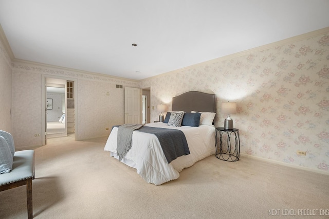 1408 N W St, Naperville, IL 60563 - carpeted bedroom featuring crown molding, baseboards, wallpapered walls, and visible vents