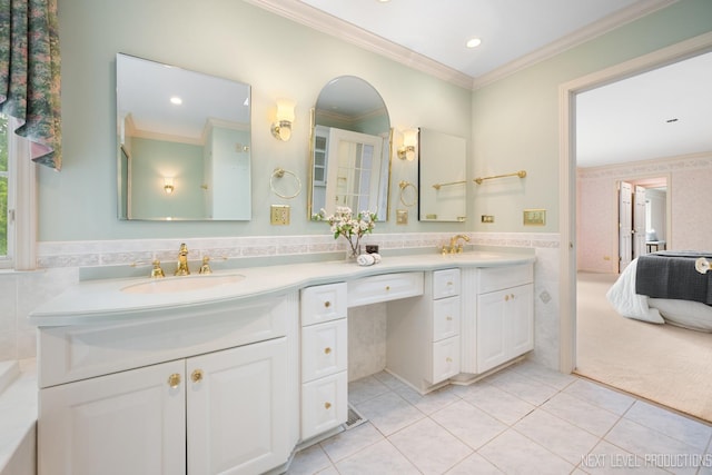 1408 N W St, Naperville, IL 60563 - bathroom featuring a sink, tile patterned floors, crown molding, double vanity, and connected bathroom