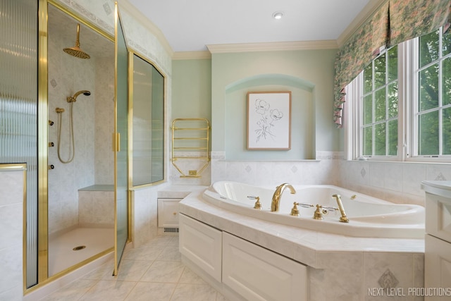 1408 N W St, Naperville, IL 60563 - bathroom with a stall shower, crown molding, a garden tub, and tile patterned flooring