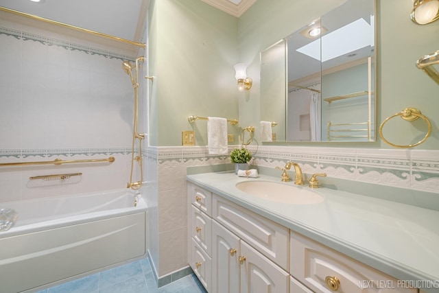 1408 N W St, Naperville, IL 60563 - bathroom featuring tile walls, vanity, ornamental molding, tile patterned flooring, and  shower combination